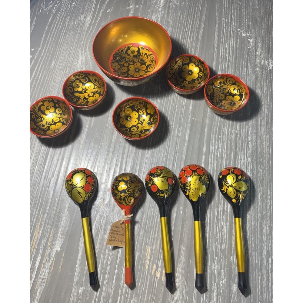 Lot Of 11 VTG Russia Hand Painted Khokhloma Lacquer Wood Bowls Spoons Gold Decor